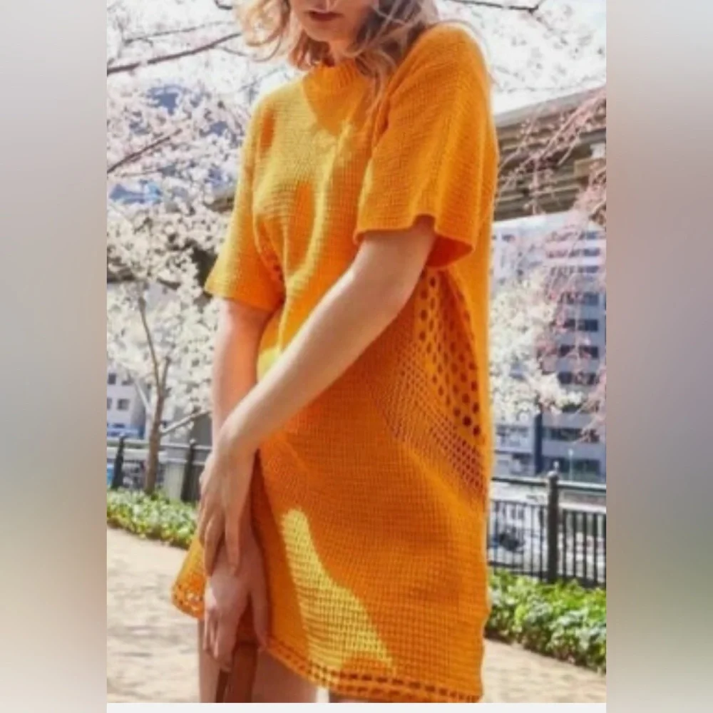 H&M Orange Crochet Cotton Knit Mini Dress Size Small New - Picture 2 of 10